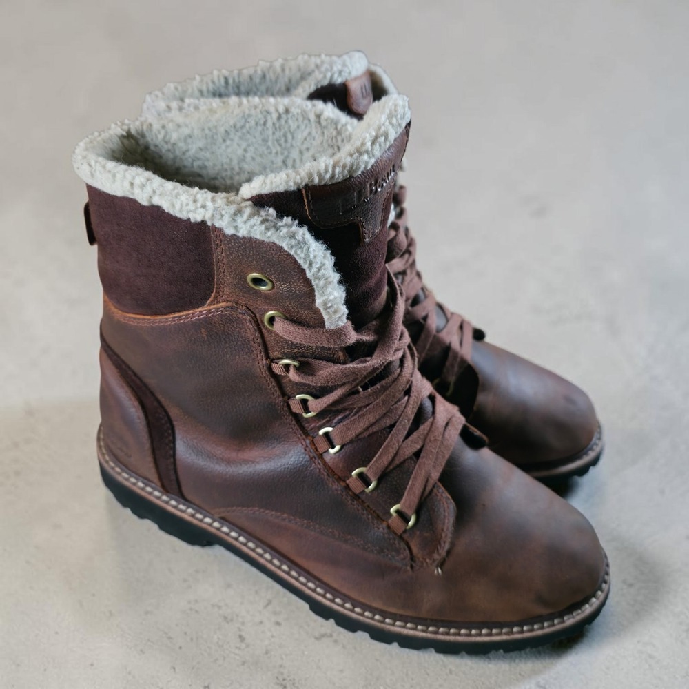 LL Bean Rugged Cozy Boots Womens 9 Brown Leather Sherpa Vibram Sole *No Insoles